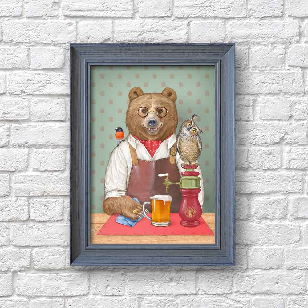 Grizzly bear with beer art poster Natalprint framed