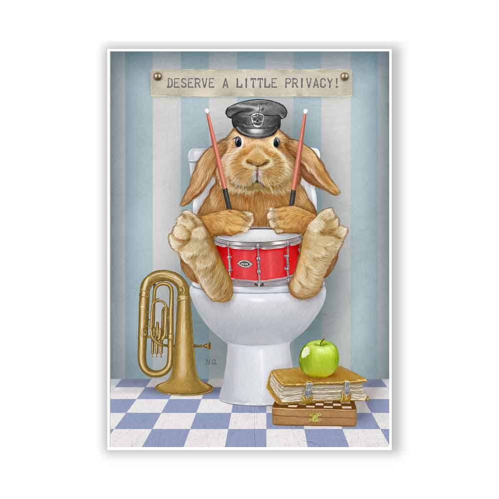 Happy Rabbit in Bathroom Art Print by Natalprint