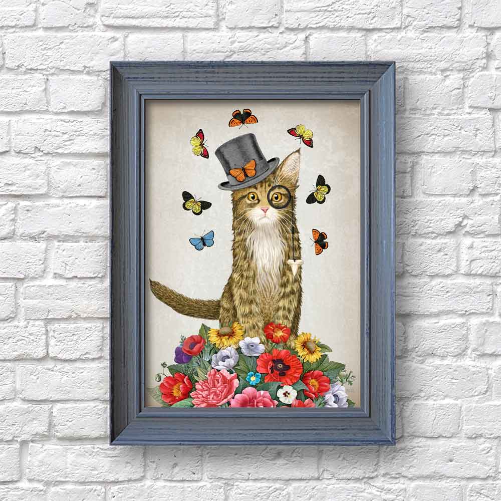 Cat in top hat with flowers art print Natalprint