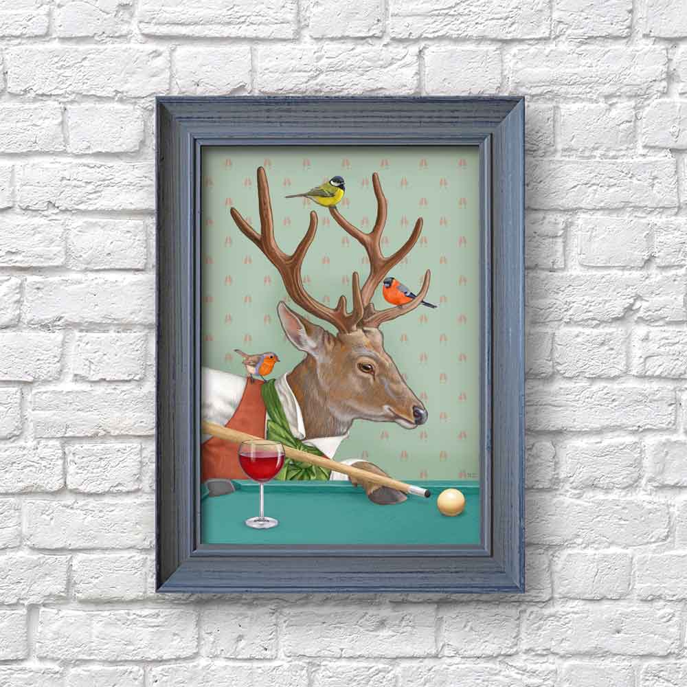 Deer With Wine Playing Billiard Art Print framed Natalprint