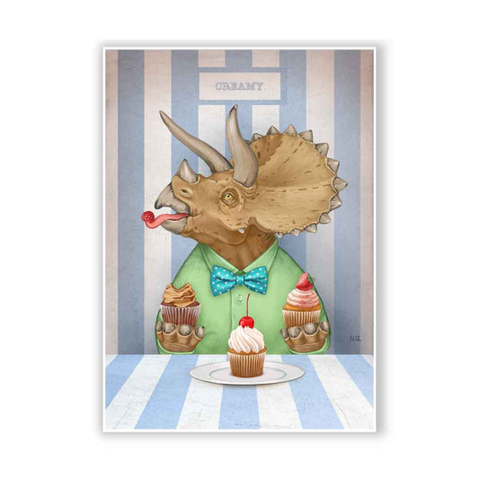 Triceratops dinosaur with cupcakes art print Natalprint