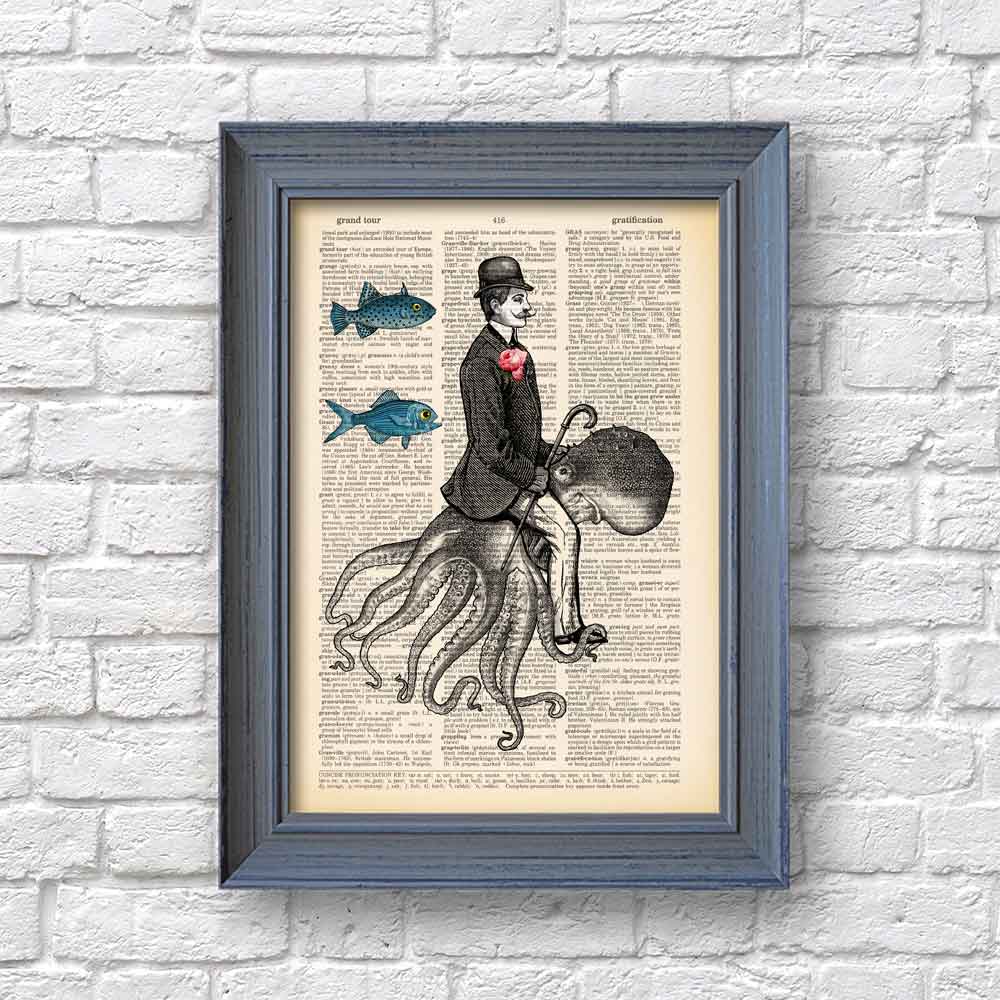 Victorian Gentleman riding a octopus art print Natalprint