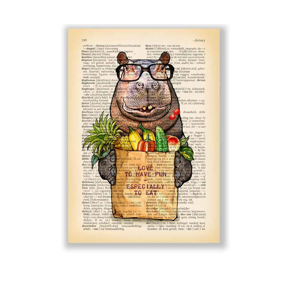 Hippo with vegetables and fruits art print Natalprint