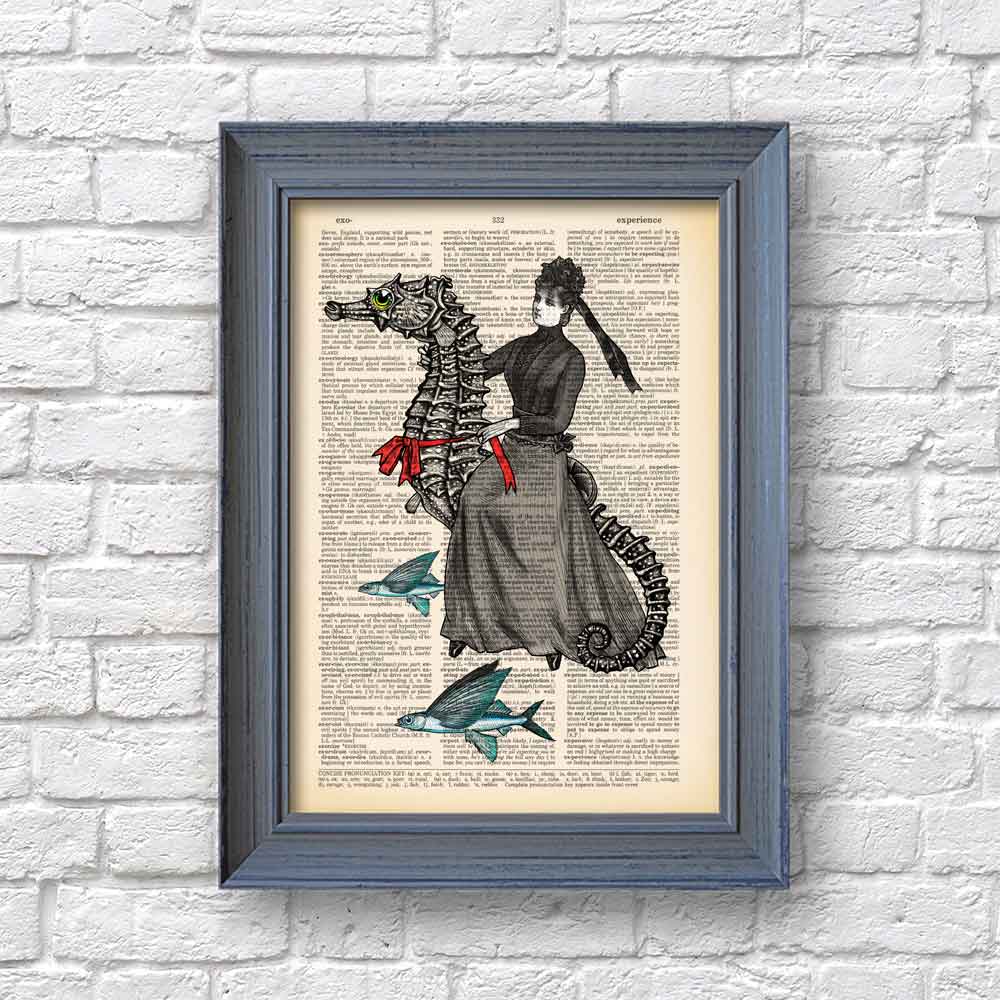 Victorian lady riding a seahorse art print Natalprint