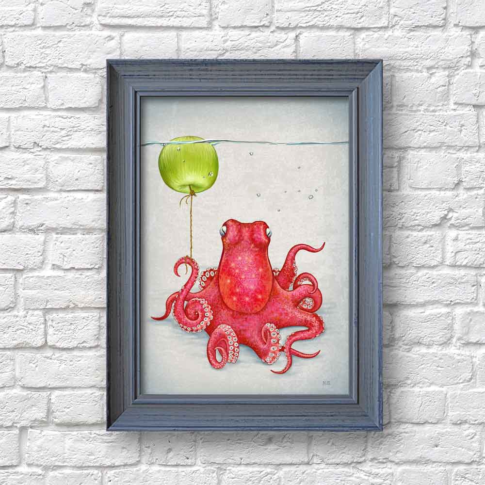 Octopus with an apple Art Print Natalprint