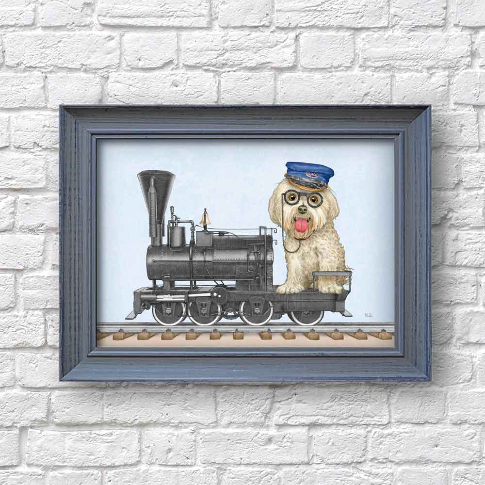 Dog in a antique locomotive art print Natalprint