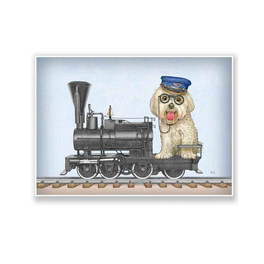 Dog in a antique locomotive art print Natalprint