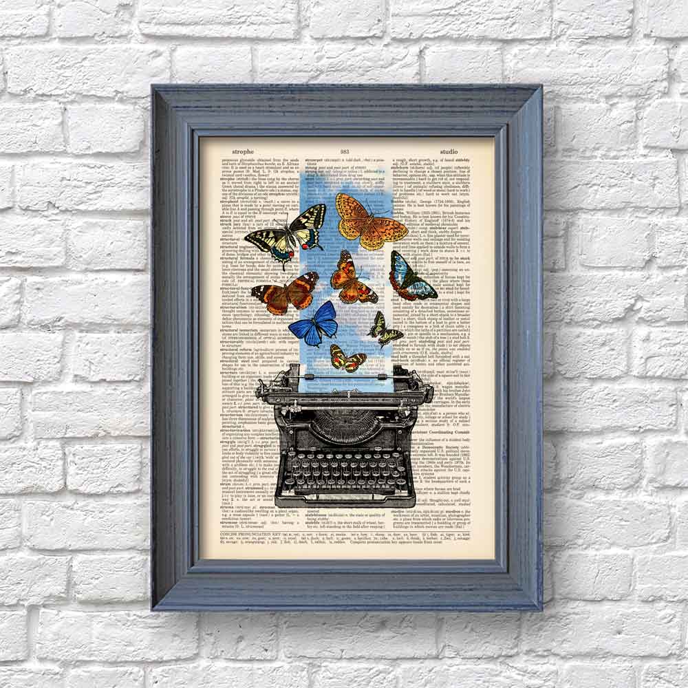 Typewriter and butterflies art print Natalprint