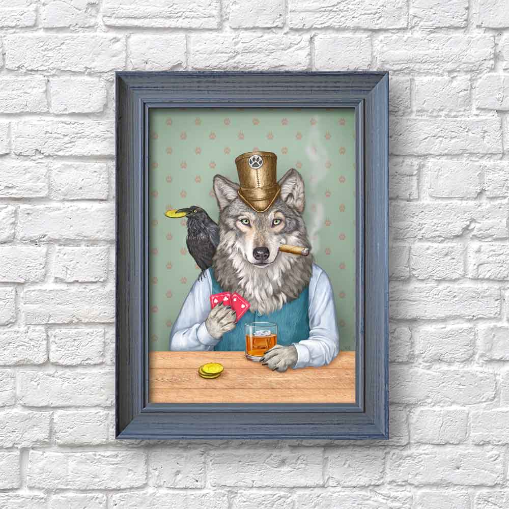 Wolf and Raven Play Card Game Art Print framed Natalprint