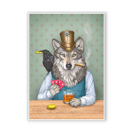 Wolf and Raven Play Card Game Art Print Natalprint