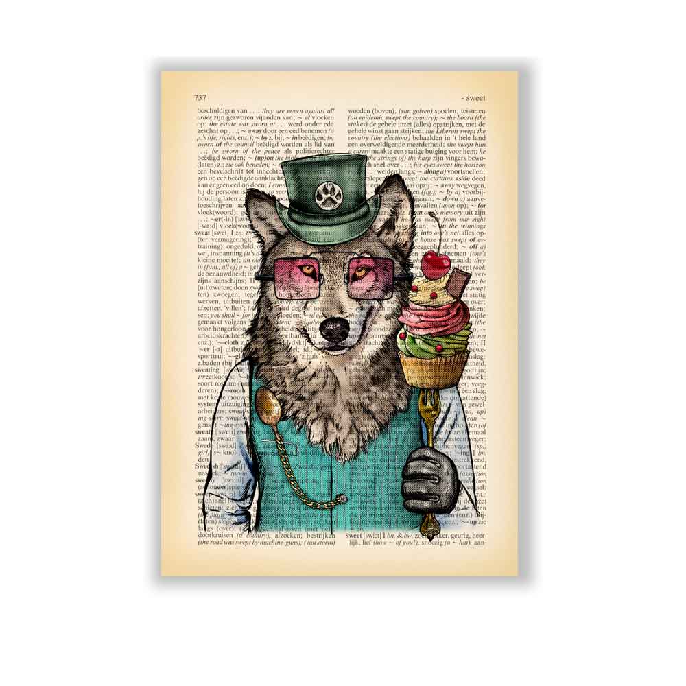 Wolf with cupcake art print Natalprint small